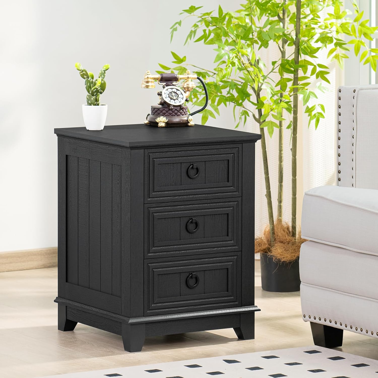 Joaxswe 18' Farmhouse Night Stand with 3 Drawers, Wood End Table Dresser for Bedroom, Black Nightstand, Bed Side Table with Metal Handle, Bedside Cabinet for Bedroom Living Room, Closet