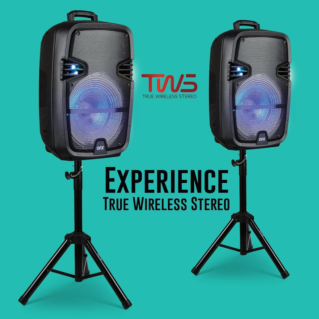 QFX PBX-616SM 15' Bluetooth Rechargeable Speaker with LED Lights, Mic and Stand, Black