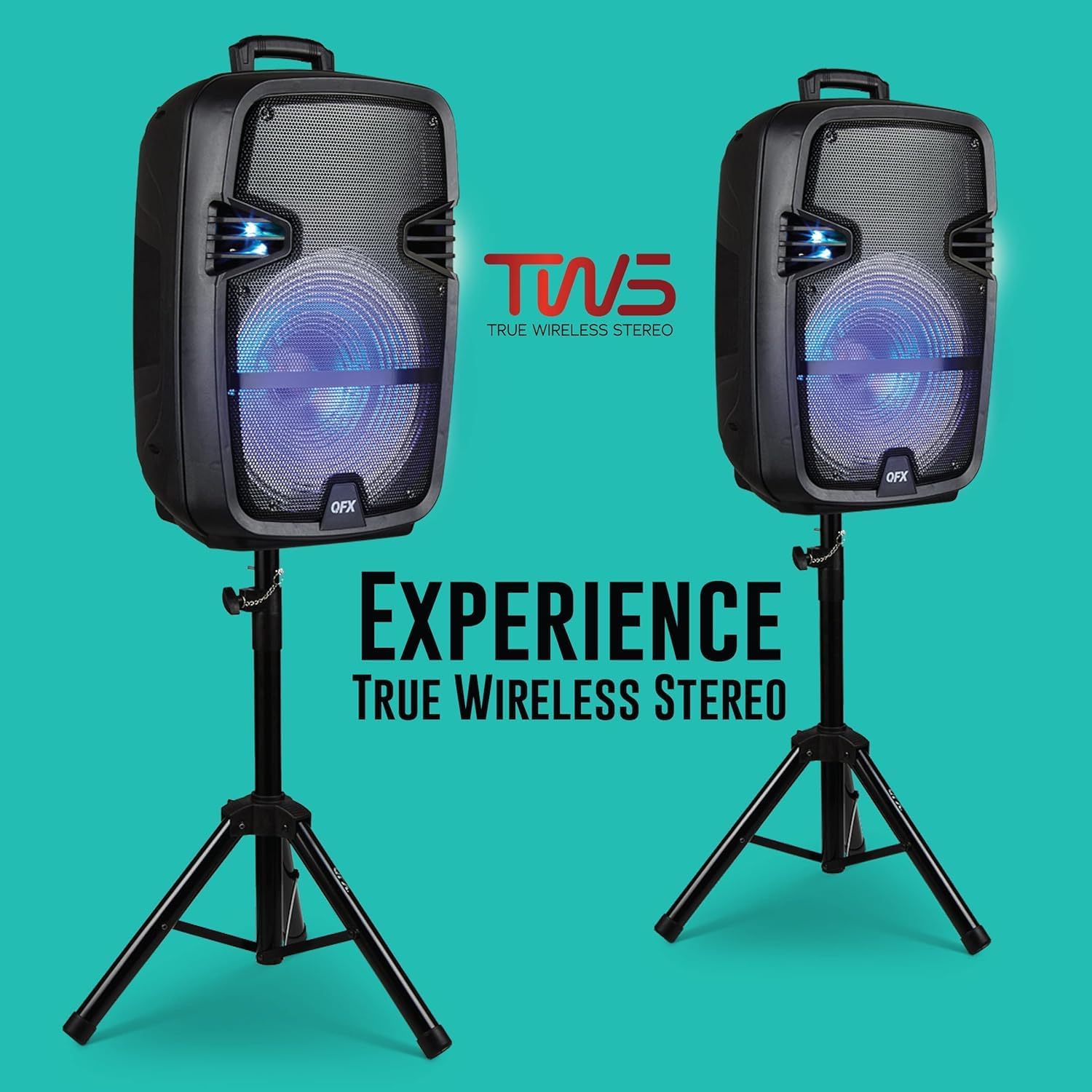 QFX PBX-616SM 15' Bluetooth Rechargeable Speaker with LED Lights, Mic and Stand, Black