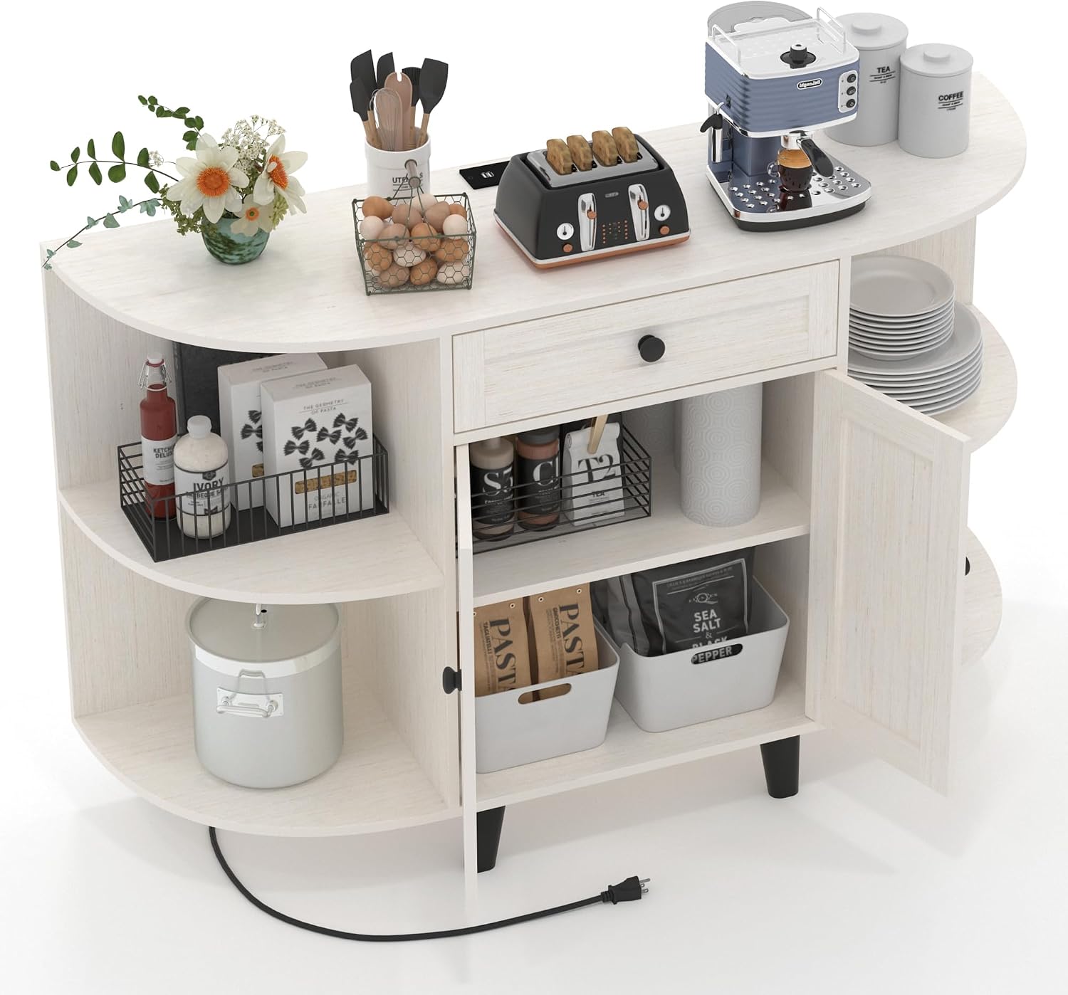 52' Sideboard Buffet Cabinet with Power Outlet,Coffee Bar Cabinet with Storage, 3 AC Outlets & 2 USB Ports,Kitchen Storage Cabinet with Drawer and Doors for Dining Room,(White)