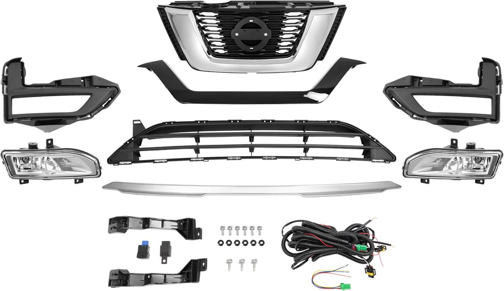 HECASA Front Upper + Lower Grille + Fog Light Kit Compatible with 2017-2020 Nissan Rogue Bumper Radiator Hood Grill Assembly Plastic Chrome&Painted Black+Silvery+Clear Lens