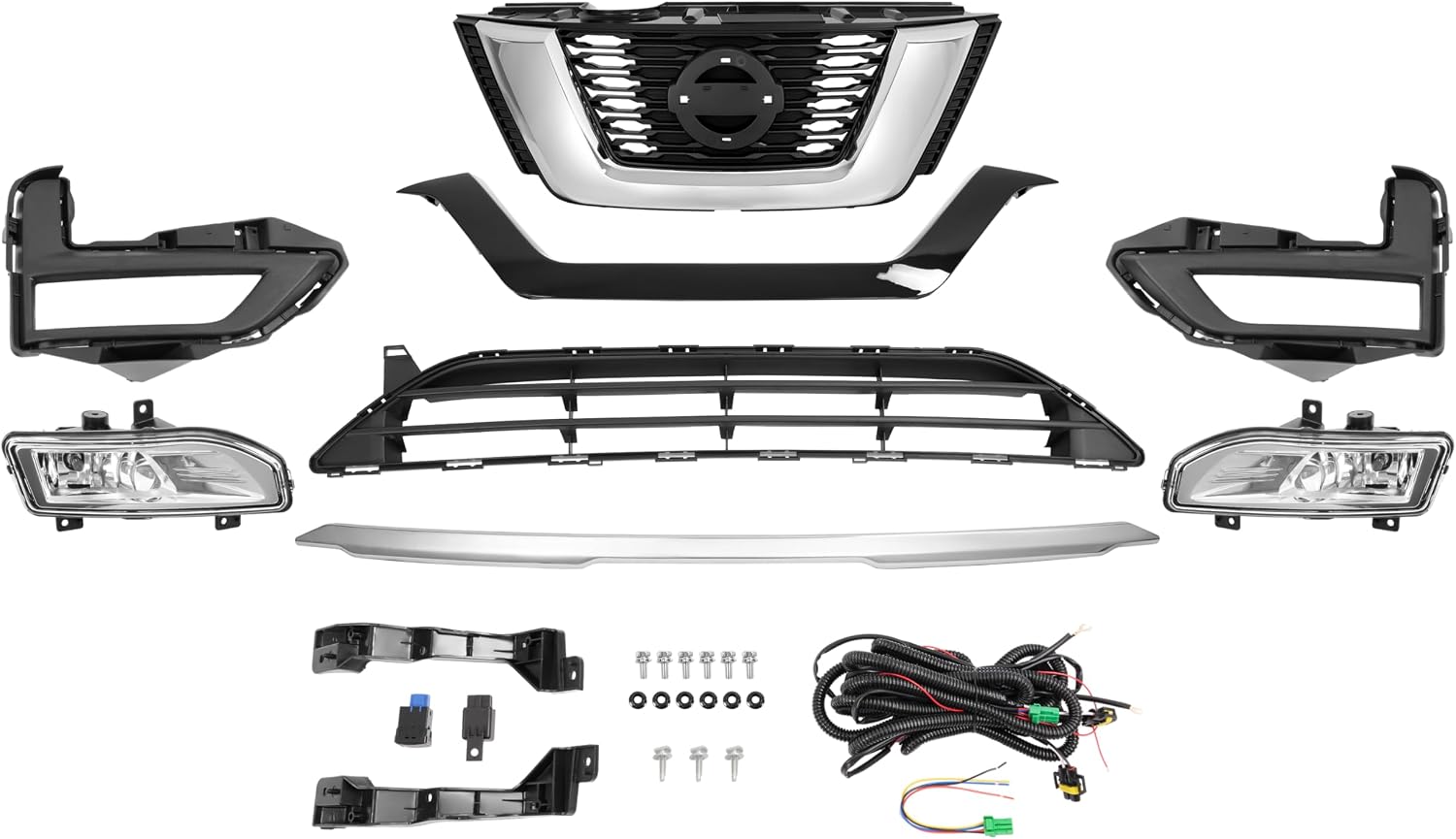 HECASA Front Upper + Lower Grille + Fog Light Kit Compatible with 2017-2020 Nissan Rogue Bumper Radiator Hood Grill Assembly Plastic Chrome&Painted Black+Silvery+Clear Lens