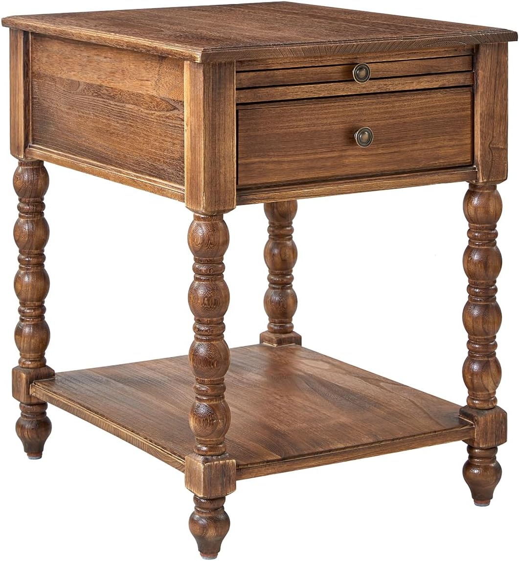 HULALA HOME Spindle Nightstands with Charging Station, Solid Wood Nightstand with Drawer Shelf, Side Table with Pull-Out Shelf (1, Walnut)