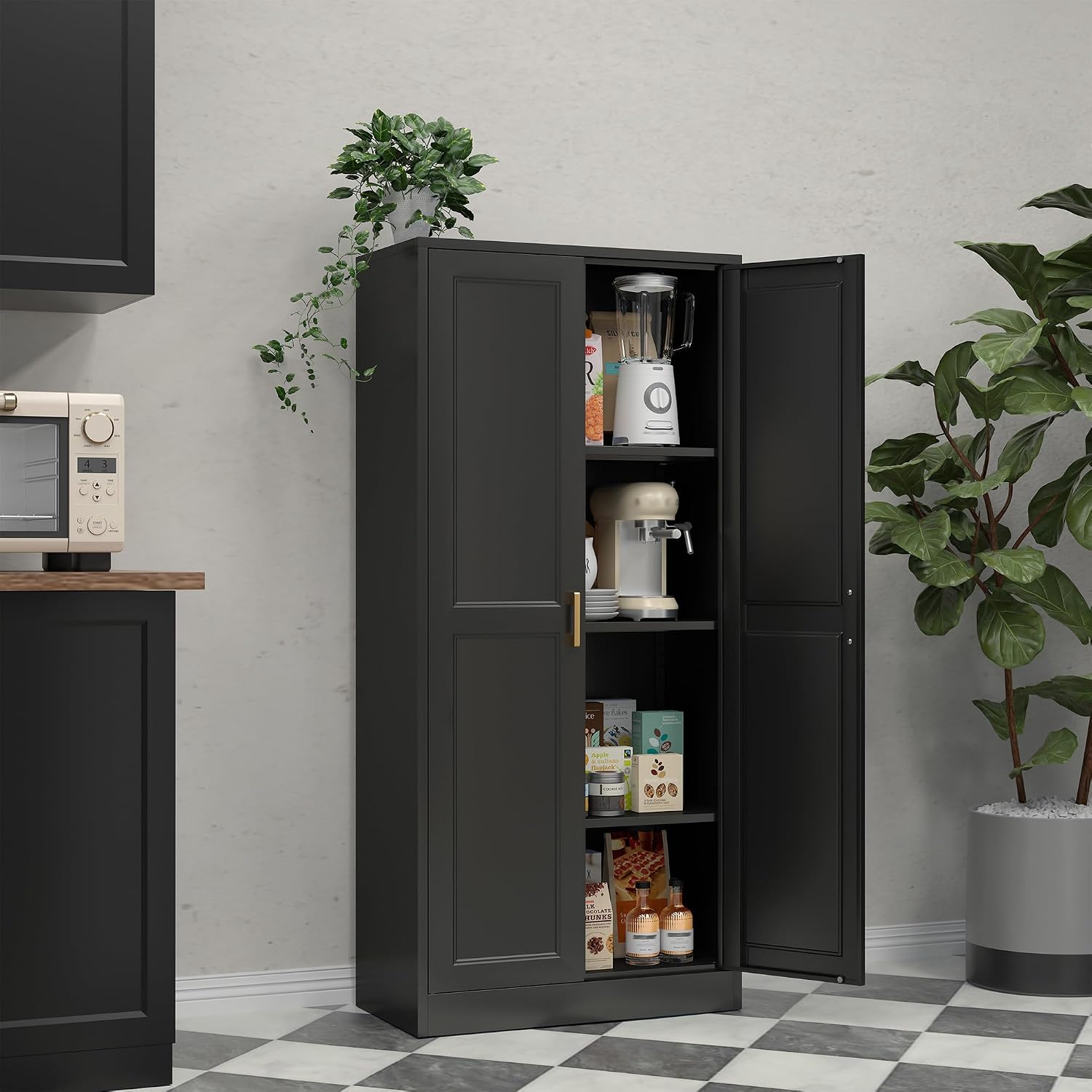 60' Tall Kitchen Storage Cabinet with 2 Doors, Metal Kitchen Pantry Cabinets with 3 Adjustable Shelves, Black Freestanding Food Cabinet, Large Cupboard for Office, Dining, Living Room,Hallway