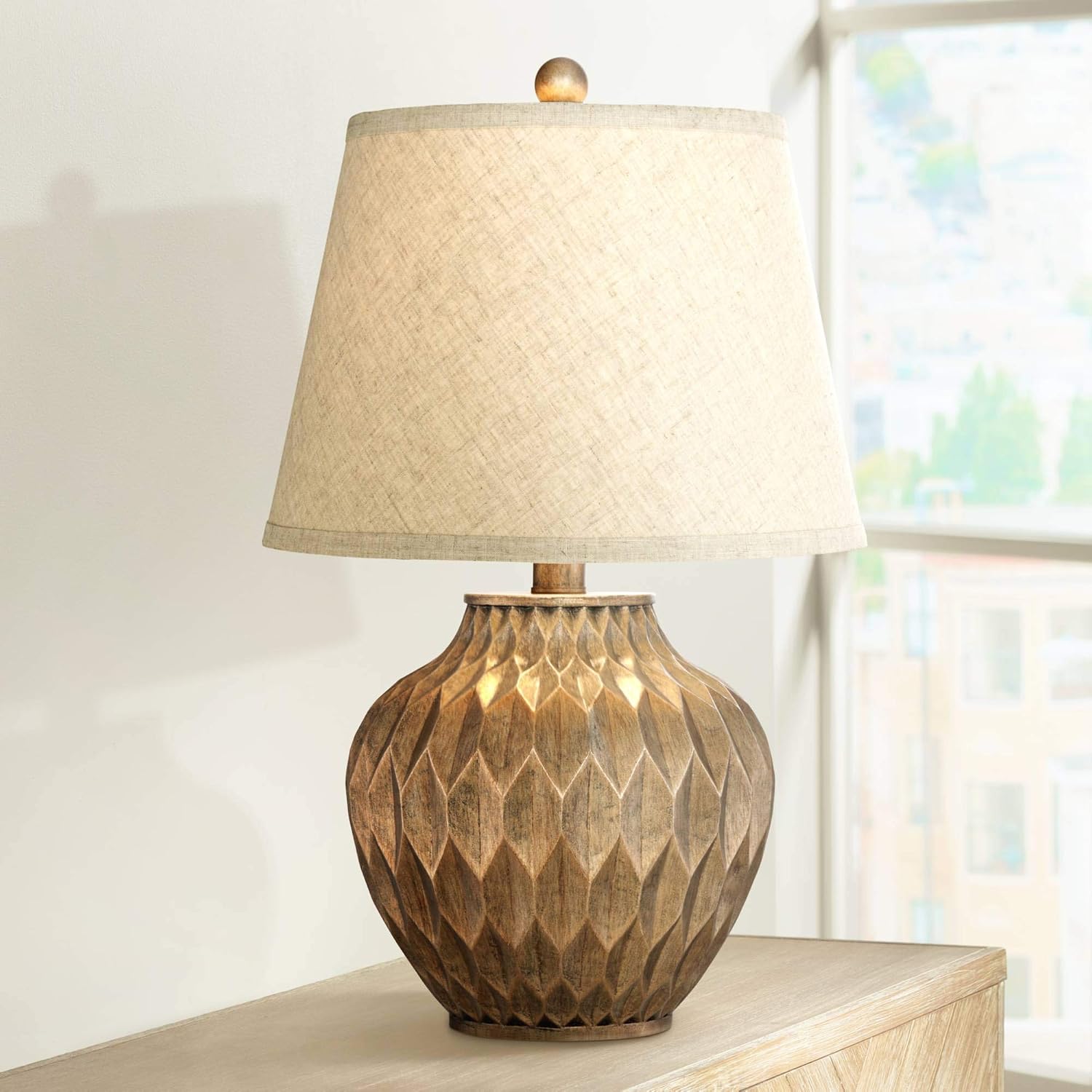 360 Lighting Buckhead Traditional Style Small Accent Table Lamps 22' High Set of 2 Warm Bronze Geometric Urn Tapered Drum Shade for Living Room Bedroom House Bedside Nightstand Home Office