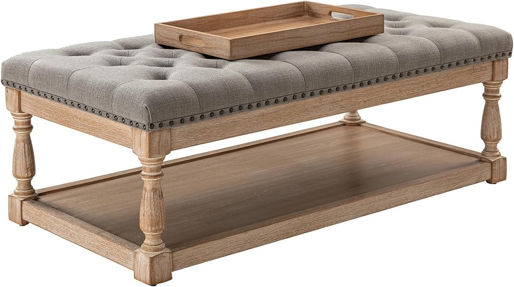 HULALA HOME Rectangle Ottoman Coffee Table with Tray, Large Tufted Fabric Coffee Table with Wood Shelf Storage for Living Room, Grey