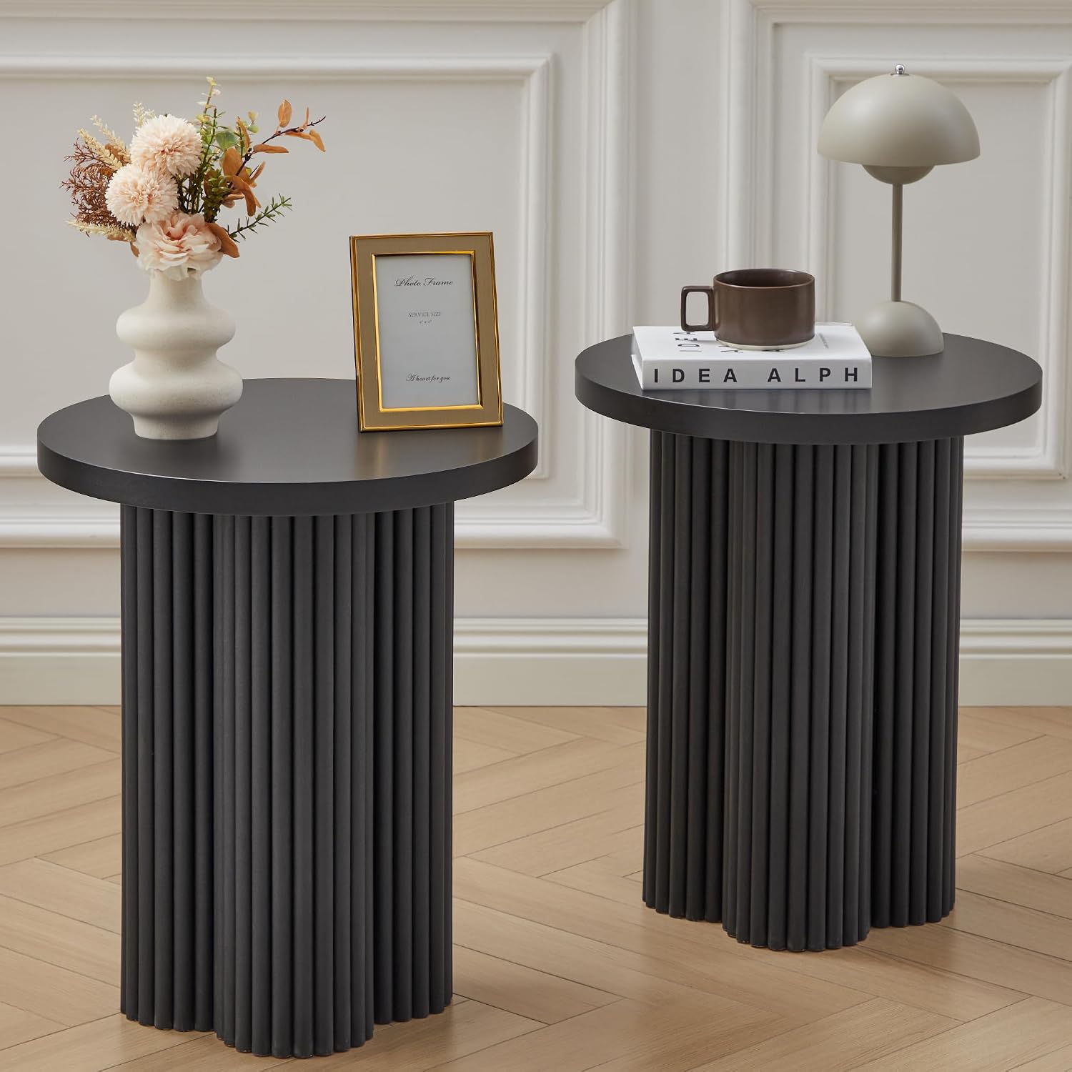 Small Sofa Side Table Set of 2, Fluted Accent Pedestal End Table, Wood Round Night Stand, Farmhouse Bed Side Table Drink Tables for Living Room, Small Spaces (Black-2PCS)