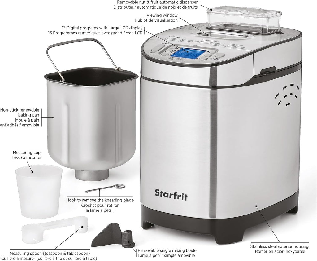 Starfrit Electric Bread Maker - 2lb Loafs - Non-Stick Removable Pan - Automatic Nut Dispenser - 13 Preset Programs - 550W