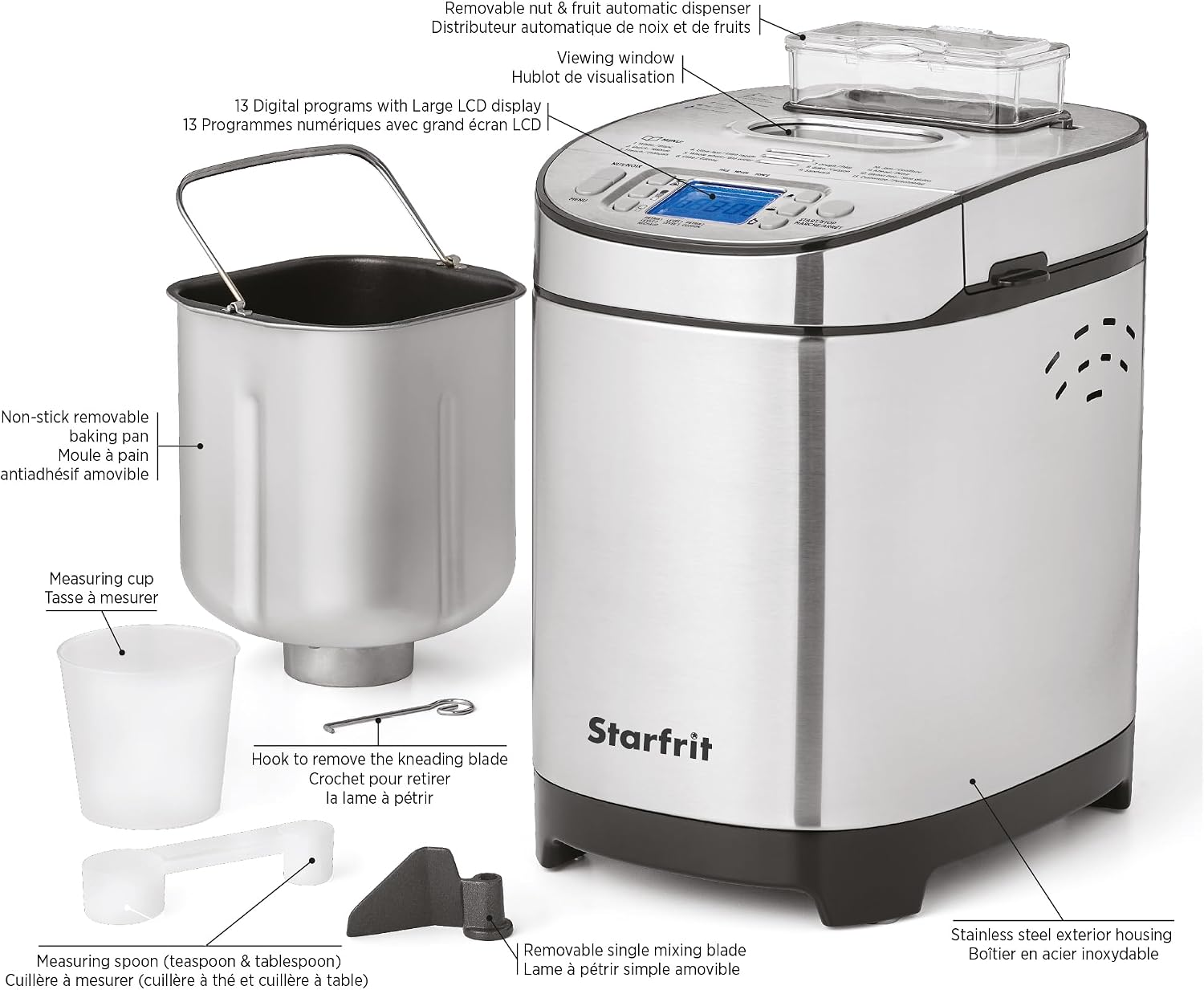 Starfrit Electric Bread Maker - 2lb Loafs - Non-Stick Removable Pan - Automatic Nut Dispenser - 13 Preset Programs - 550W