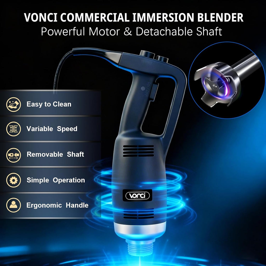 VONCI 500W Commercial Immersion Blender, 12' SUS 304 Removable Shaft, Heavy Duty Power Hand Mixer with Variable Speed 6000-20000RPM, Professional Electric Stick Blender for Restaurant Kitchen Use.
