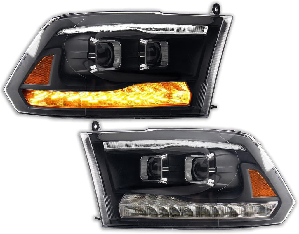 TRQ Performance Left and Right Headlight Assembly Set Projector Clear Lens Compatible with 11-18 Ram 1500 2500 3500 with Quad Headlights 19-22 Ram 1500 Classic with Quad Headlights Halogen Only