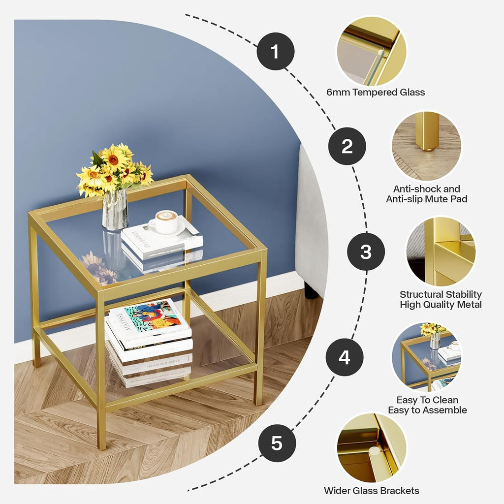 2 Tier Square End Table Side Table with Tempered Glass Top and Gold Metal Frame Modern Night Stand for Small Spaces Side Table with Storage for Living Room Bedroom