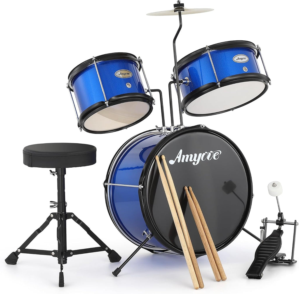 3-Piece Beginner Drum Set, Beginner Drum Set,with Bass Tom Snare Drum, 14 Inch Drum Kit with Snare, Cymbal, Drumsticks, Adjustable Seat (Blue)