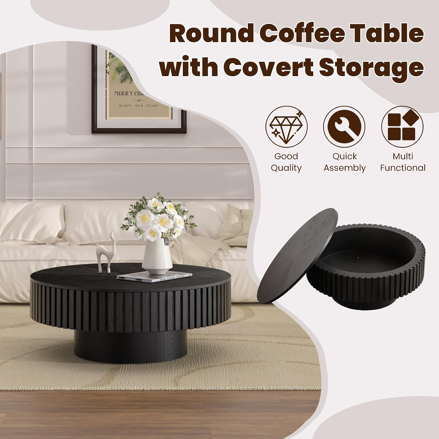 Round Drum Coffee Table with Storage, 31.5' Modern Handcraft Fluted Drum Coffee Table, Wooden Circle Center Table with Sturdy Pedestal for Living Room Apartment (31.5' Black with Storage)