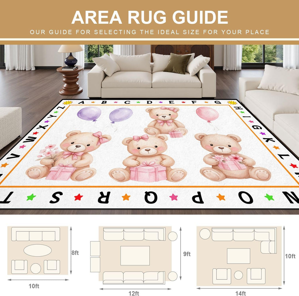 10x14 Kids Learning Rug Washable Area Rugs Set Teddy Bears Pink Balloon Party Cute Baby Teddy Bear Alphabet ABC Learning Carpet Soft Rubber Backed Non-Slip Carpets for Classroom Preschool Nursery