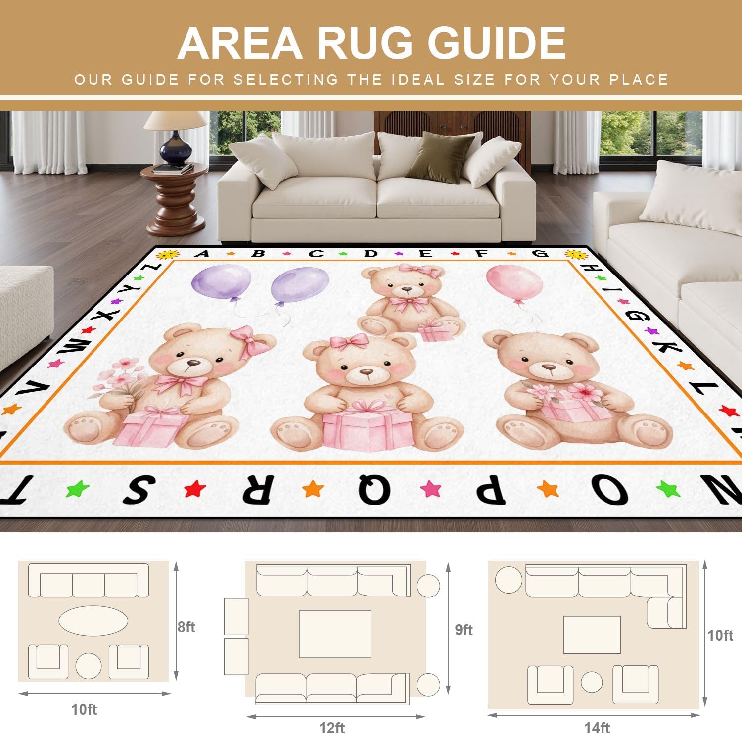 10x14 Kids Learning Rug Washable Area Rugs Set Teddy Bears Pink Balloon Party Cute Baby Teddy Bear Alphabet ABC Learning Carpet Soft Rubber Backed Non-Slip Carpets for Classroom Preschool Nursery