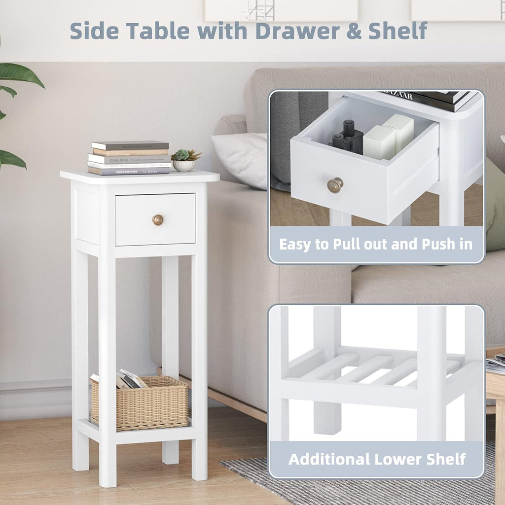 Giantex Tall End Table Set of 2, Narrow Side Table with Drawer and Shelf, Acacia Wood Nightstand for Living Room, 2-Tier Bedside Table for Small Space, No Assembly, White