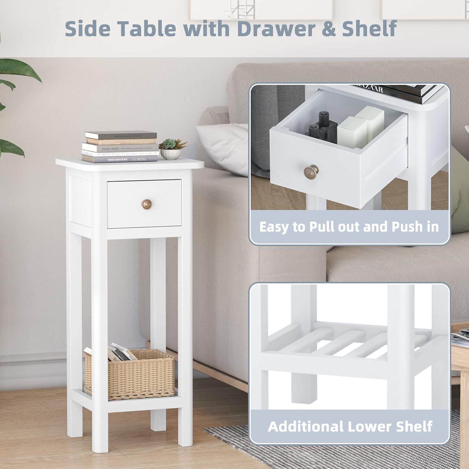 Giantex Tall End Table Set of 2, Narrow Side Table with Drawer and Shelf, Acacia Wood Nightstand for Living Room, 2-Tier Bedside Table for Small Space, No Assembly, White