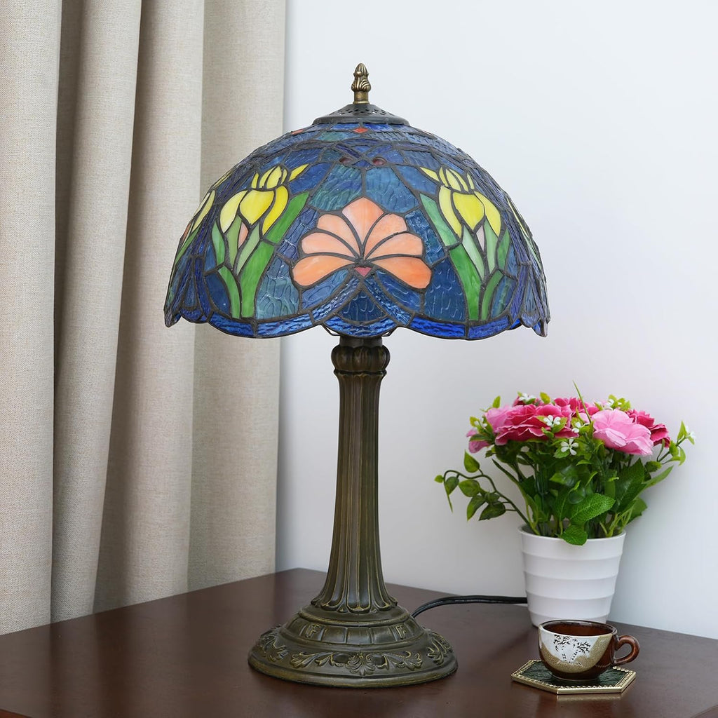 Tulip Lamp Shade Replacement, 12 Inch Yellow Tulip Blue Green Stained Glass Lampshade for Table Lamp, Floor Lamp, Bedside Lamp, Ceiling Light,