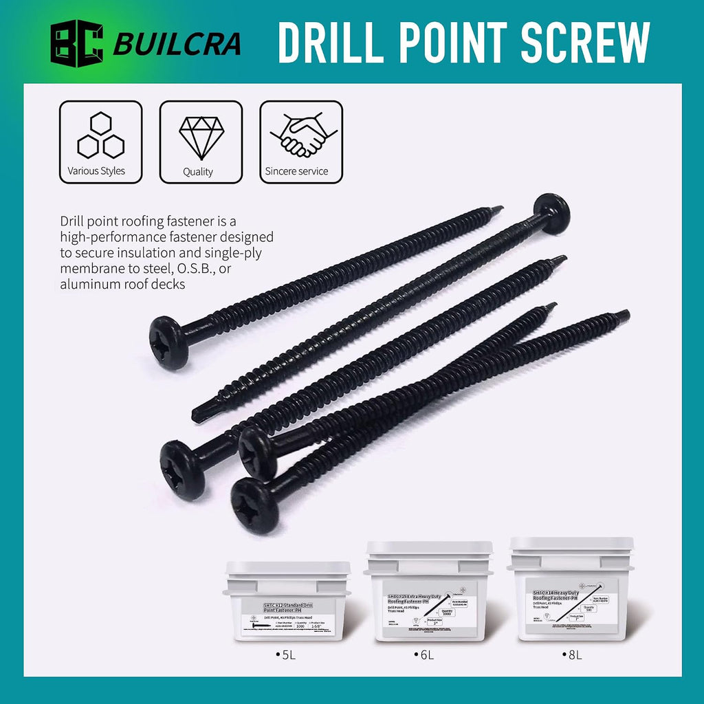 #12x5 Carbon Steel Roofing Screws - 1,000pc Phillips Truss Head Self Drilling Metal Screws for Sheet Metal Tools and Insulation Fastening