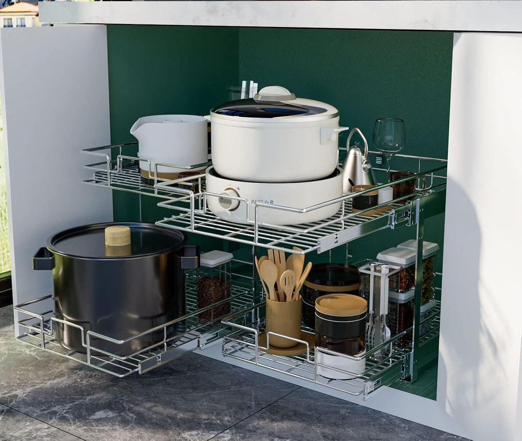 LOVMOR 2 Tier Individual Pull Out Cabinet Organizer 27' W x 21½' D, Slide Out Kitchen Cabinet Storage Sliding Shelves