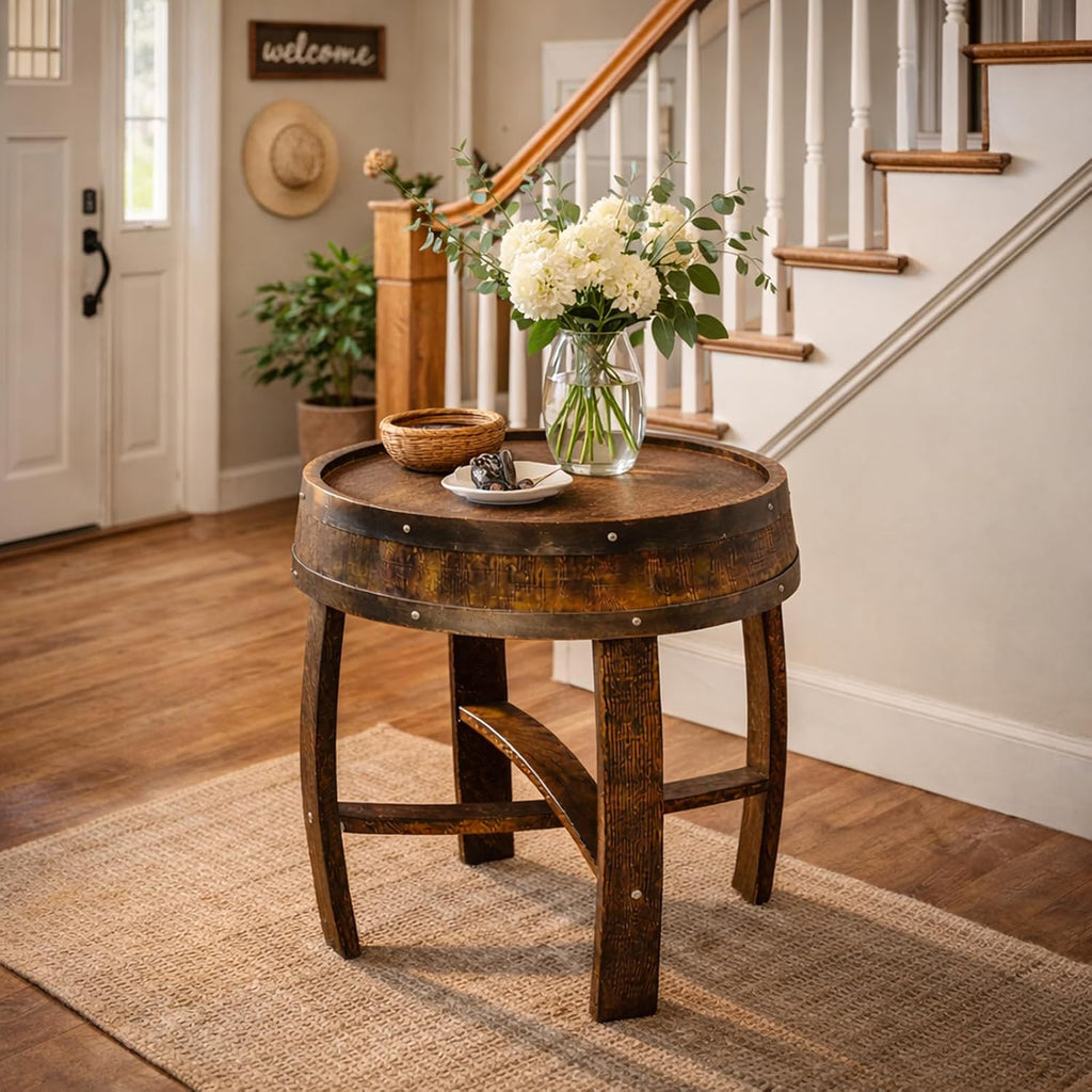 Whiskey Barrel Table, Handcrafted Wooden Wine Barrel End Table for Living Room, Home Bar & Covered Patio, Bourbon Barrel Table for Airbnb, Entryway & Bar Décor (Brown)