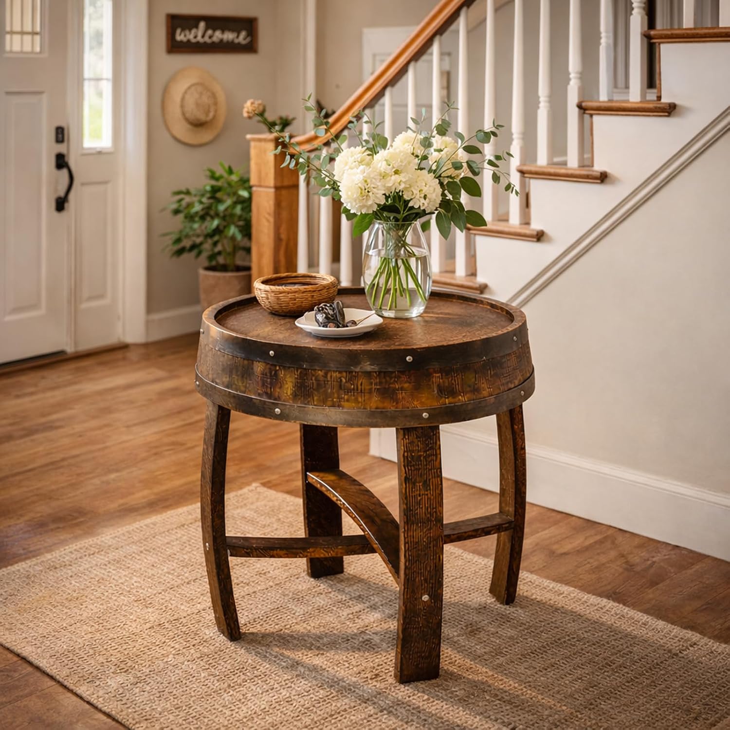 Whiskey Barrel Table, Handcrafted Wooden Wine Barrel End Table for Living Room, Home Bar & Covered Patio, Bourbon Barrel Table for Airbnb, Entryway & Bar Décor (Brown)