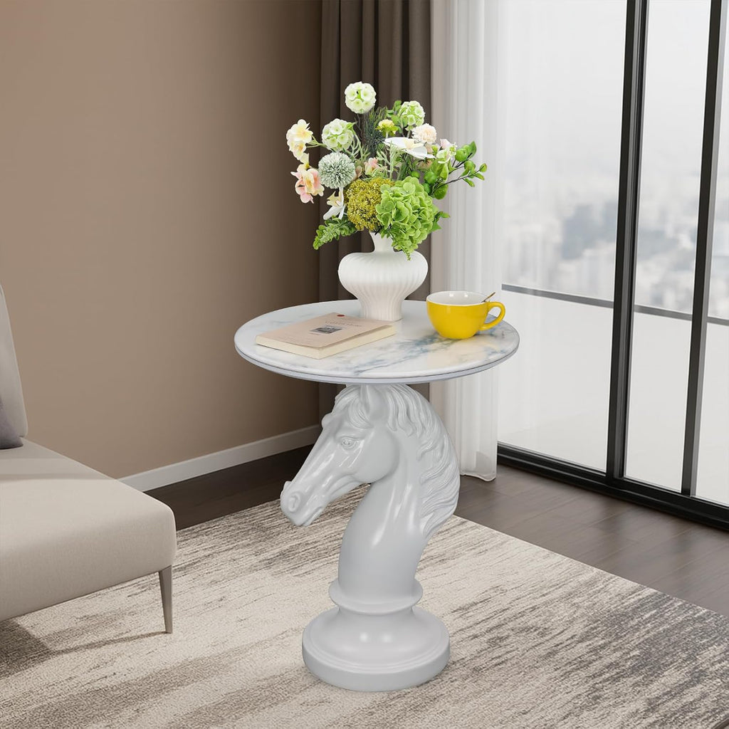 Sculptural Horse Head Side Table, Artistic Stallion End Table with Faux Marble Top, Modern Accent Table for Living Room, Unique Home Decor Gift for Housewarming, 19.69' W x 24.8' H