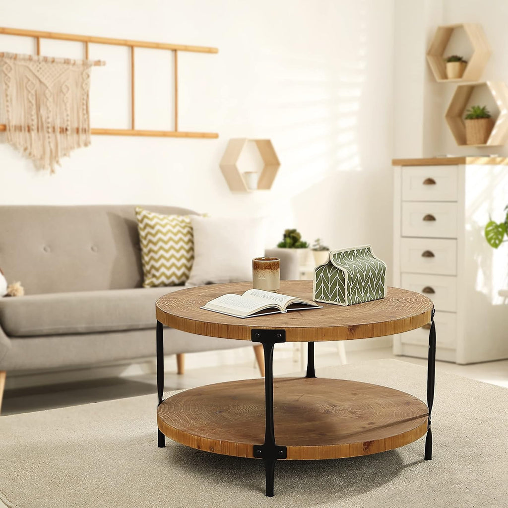Awescuti Round Boho Wood Coffee Table - 29.1' Farmhouse Natural Circle Wooden 2-Tier Coffee Tables Living Room Furniture, 29.1' D x 18.3' H, Natural Wood Color