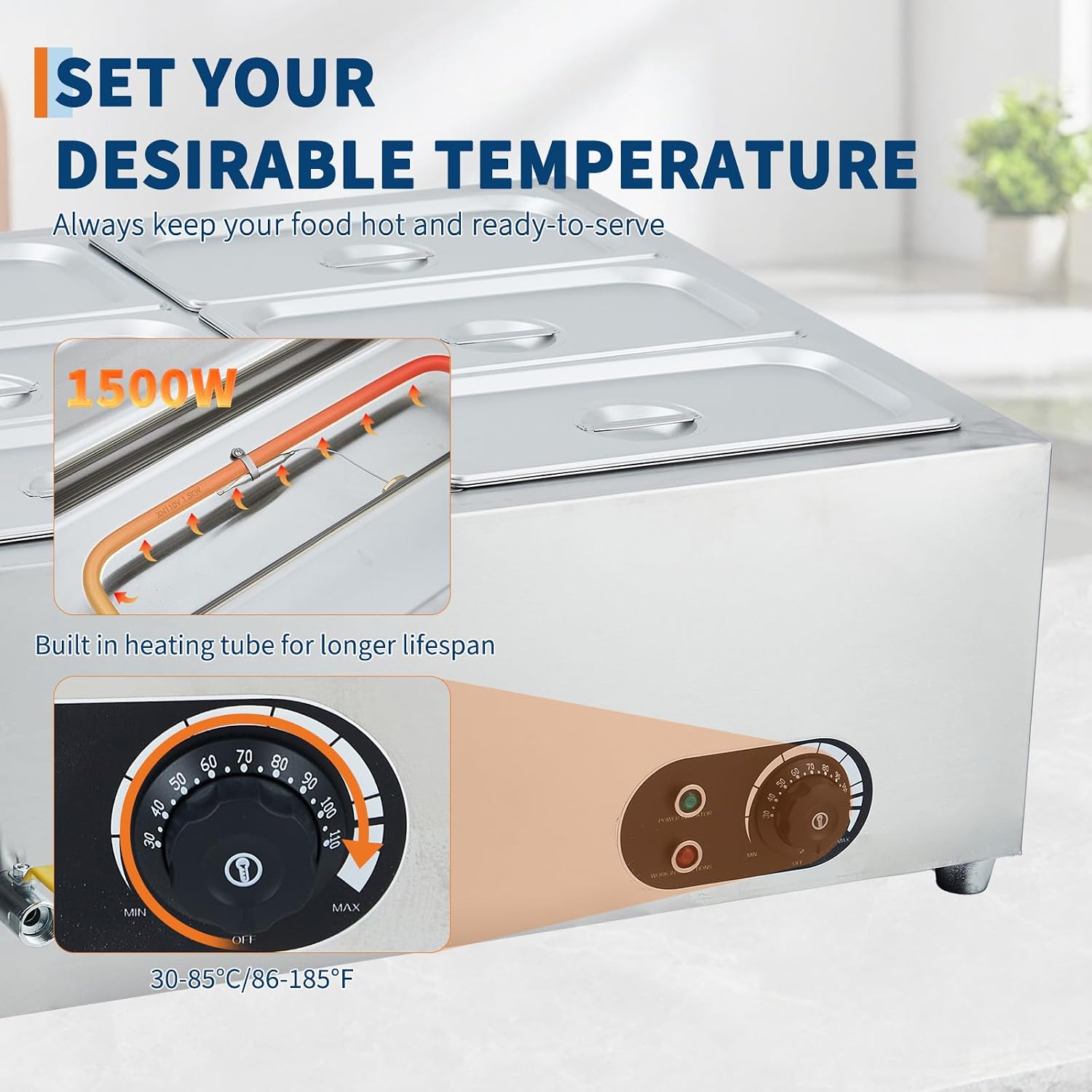Commercial Food Warmer Stainless Steel with Lids, 1500W Electric Buffet Server Bain Marie, 6-Pan Catering Hot Food Station for Restaurants, Hotels, Banquets, and Commercial Kitchen Equipment