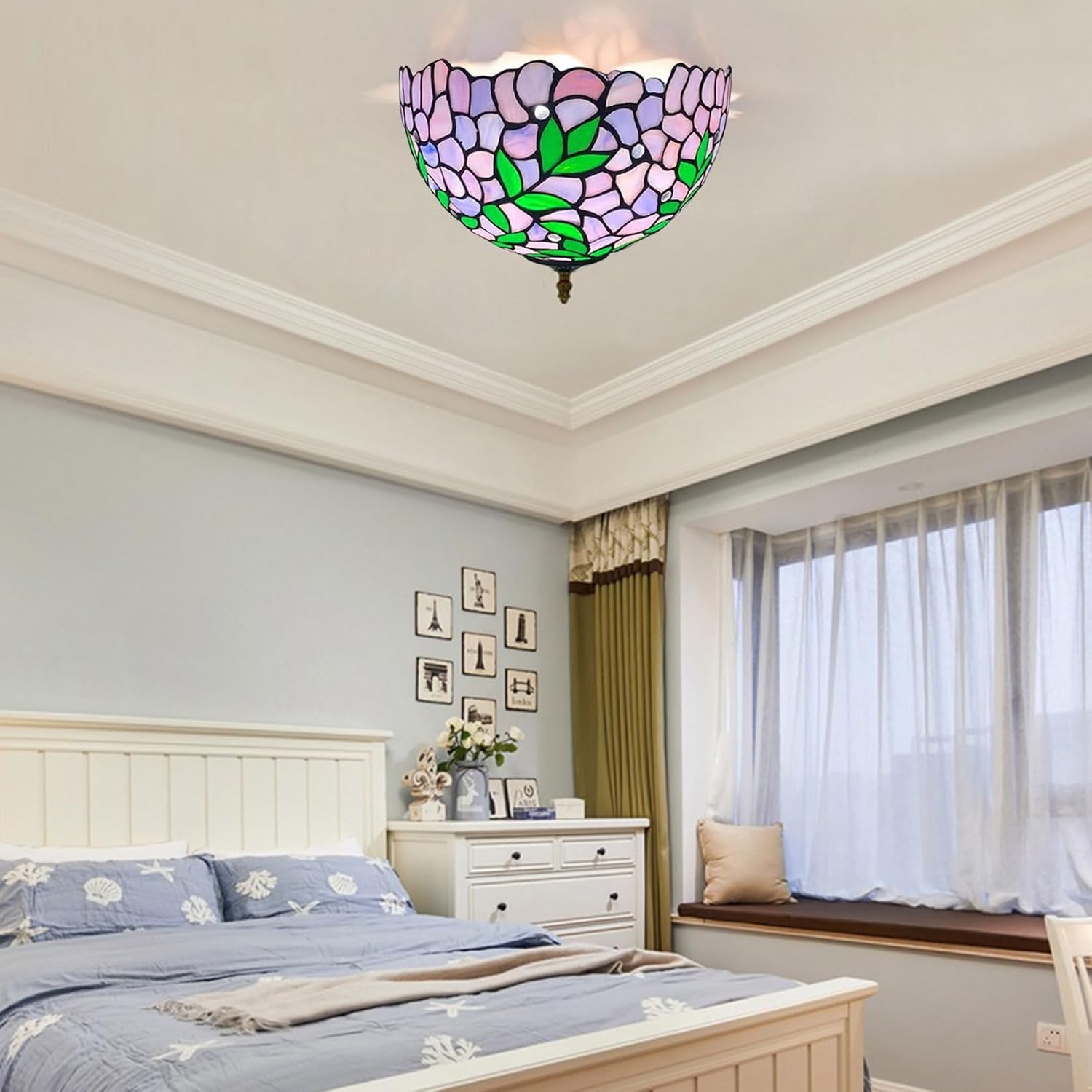 12-Inch Wisteria Lamp Shade Replacement, Tiffany Style Stained Glass Lampshades, Retro Blue Green Leaf Light Cover Accessories Only for Table lamp Pendant Lights Ceiling Light,Purple