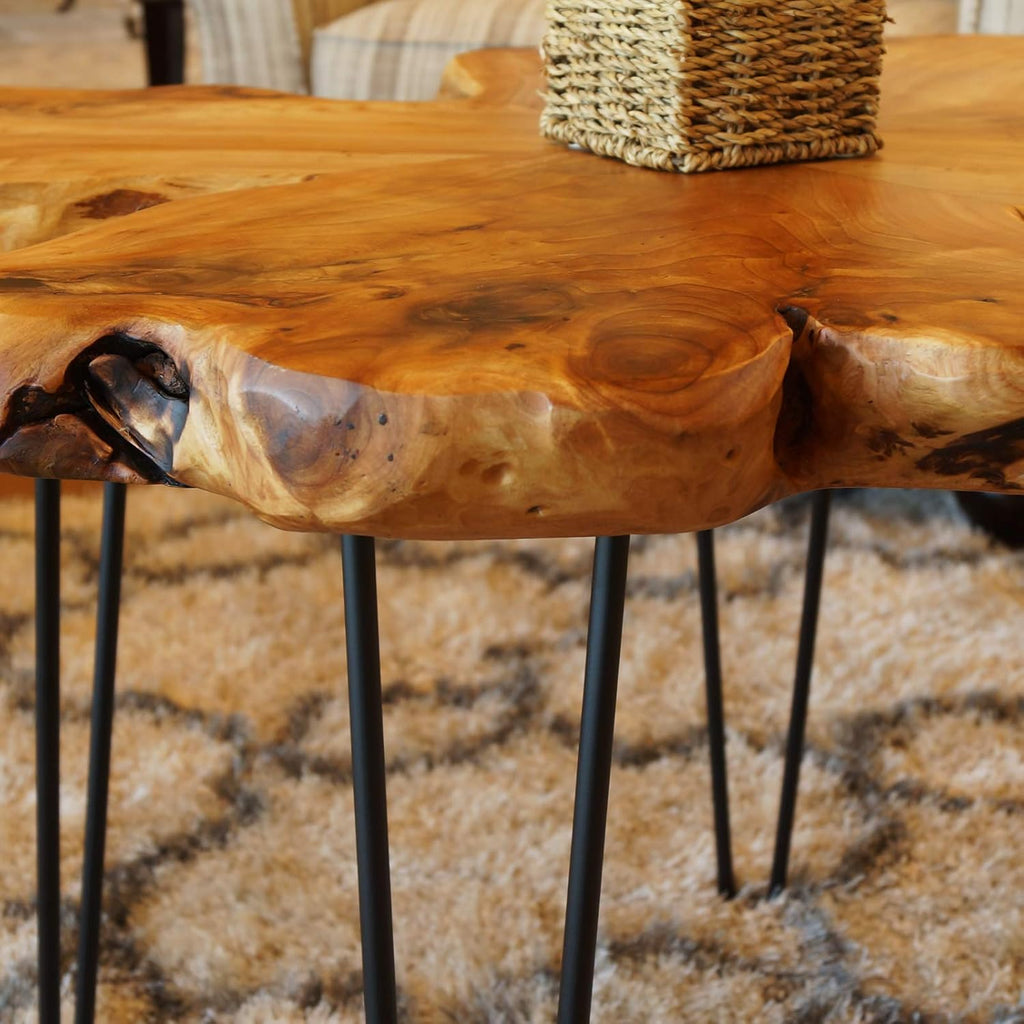 WELLAND Rustic Cedar Live Edge Coffee Table with Hairpin Legs, Natural Wood, 28' x 27' x 16'