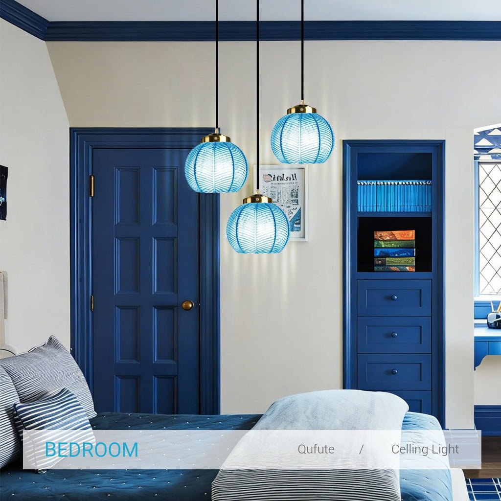 Cluster Pendant Light Glass Globe Chandelier 3-Lights Adjustable with 8.7″ Blue Glass Shades, Mid-Century Modern Kitchen Island Chandeliers,Ribbed Ball Gold Ceiling Hanging Lights