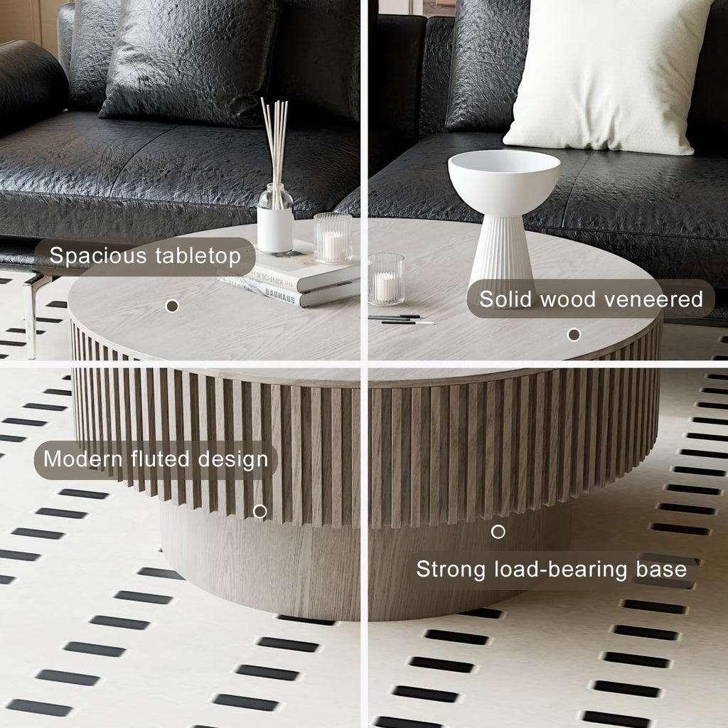 Round Coffee Table with Storage, Modern Wooden Coffee Table with Solid Wood Veneered, Circle Center Table Accent Tea Table for Living Room Apartment Small Space (31.5''L × 31.5''W × 14''H, Grey)