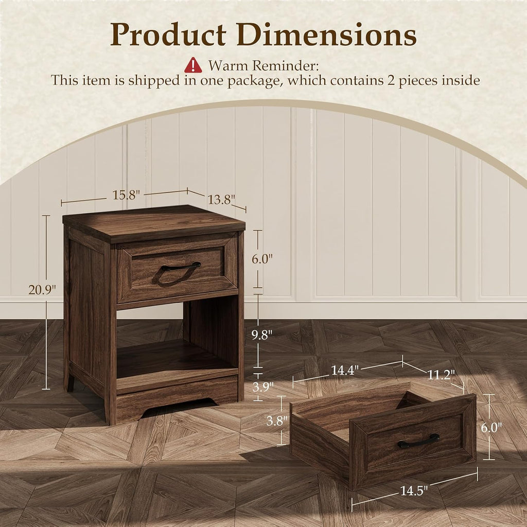 AODK Farmhouse Nightstand Set of 2, Rustic End Tables with Drawer & Open Storage, Wood Bedside Tables for Bedroom & Small Space, Dark Walnut
