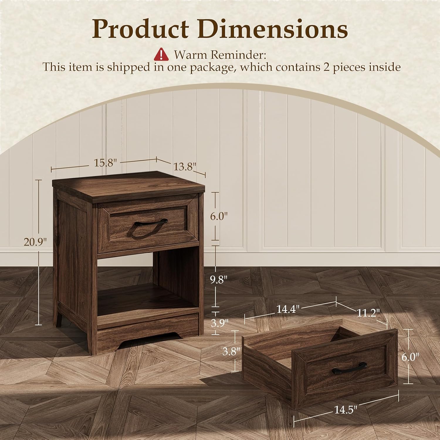 AODK Farmhouse Nightstand Set of 2, Rustic End Tables with Drawer & Open Storage, Wood Bedside Tables for Bedroom & Small Space, Dark Walnut