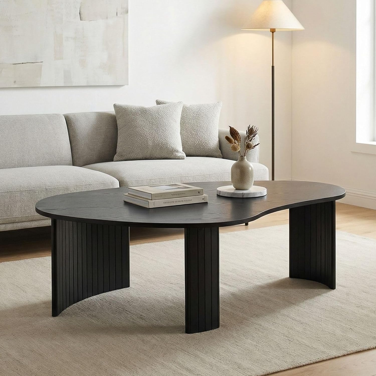 Hyfirm Modern Black Wood Coffee Table 47.25 Inch for Living Room, Sturdy Center Table with Irregular Mango Top and Fluted Legs for Small Apartment