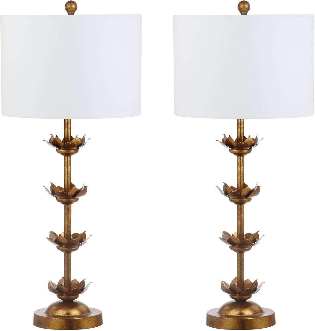 SAFAVIEH Lighting Collection – Set of 2 Lani Antique Gold Leaf 32-Inch Table Lamps, White Drum Shade, LED Bulbs Included, Bedroom Living Room Home Office (TBL4016A-SET2)