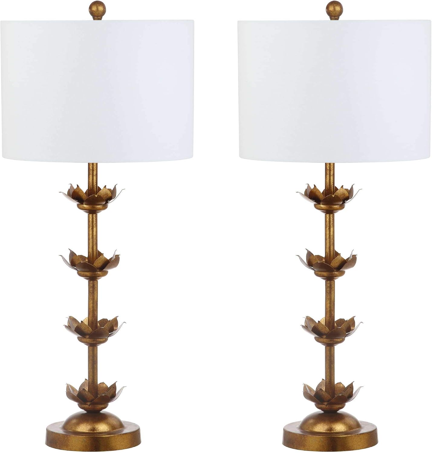 SAFAVIEH Lighting Collection – Set of 2 Lani Antique Gold Leaf 32-Inch Table Lamps, White Drum Shade, LED Bulbs Included, Bedroom Living Room Home Office (TBL4016A-SET2)