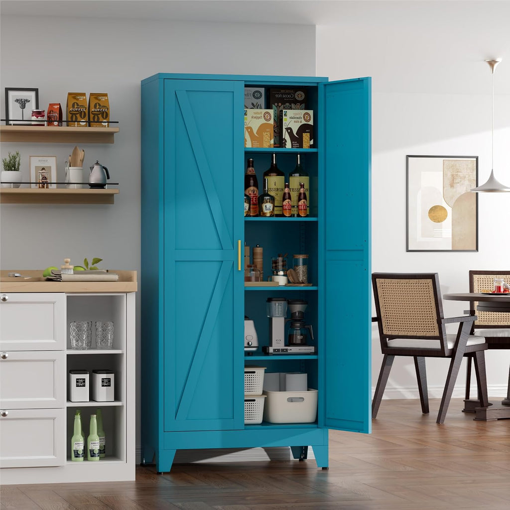 Farmhouse Pantry Cabinet with Barn Doors, 71' H x 31.5' W, 5-Tier Metal Storage Cabinet with 4 Adjustable Shelves for Kitchen Garage Dining Room,Blue 1 Pack