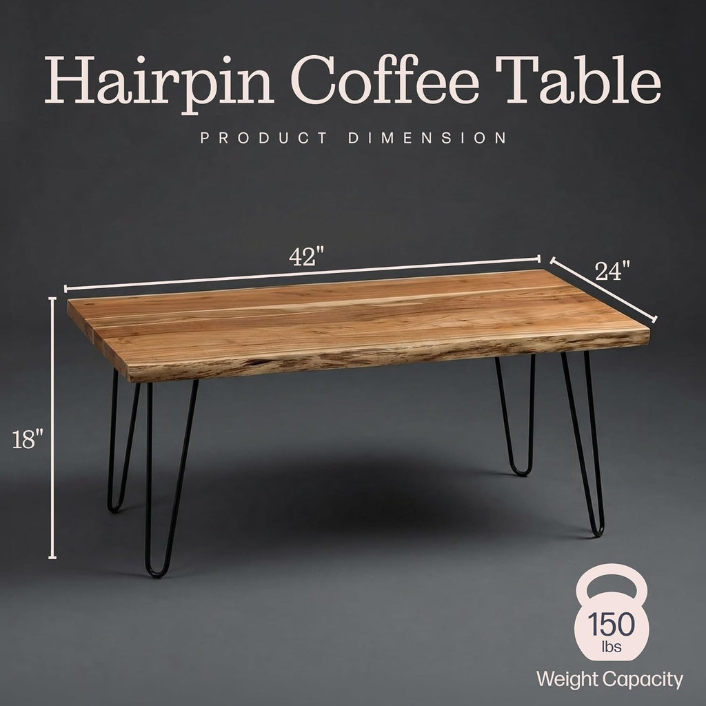 Alaterre Furniture Live Edge Wood Coffee Table with Hairpin Metal Legs – Rustic Modern Farmhouse Living Room Table with Acacia Wood Top (42 Inch)