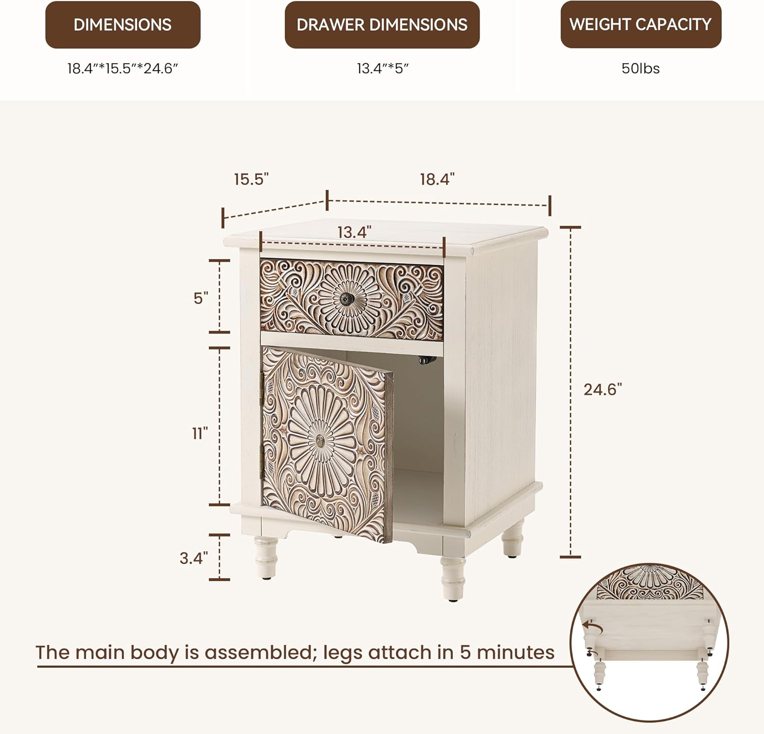COSIEST 2 Drawers Accent Dresser, Vintage Small Accent Chest with 4 Wood Legs, Free-Standing Buffet Server Nightstand End Table for Bedroom, Living Room, Entryway