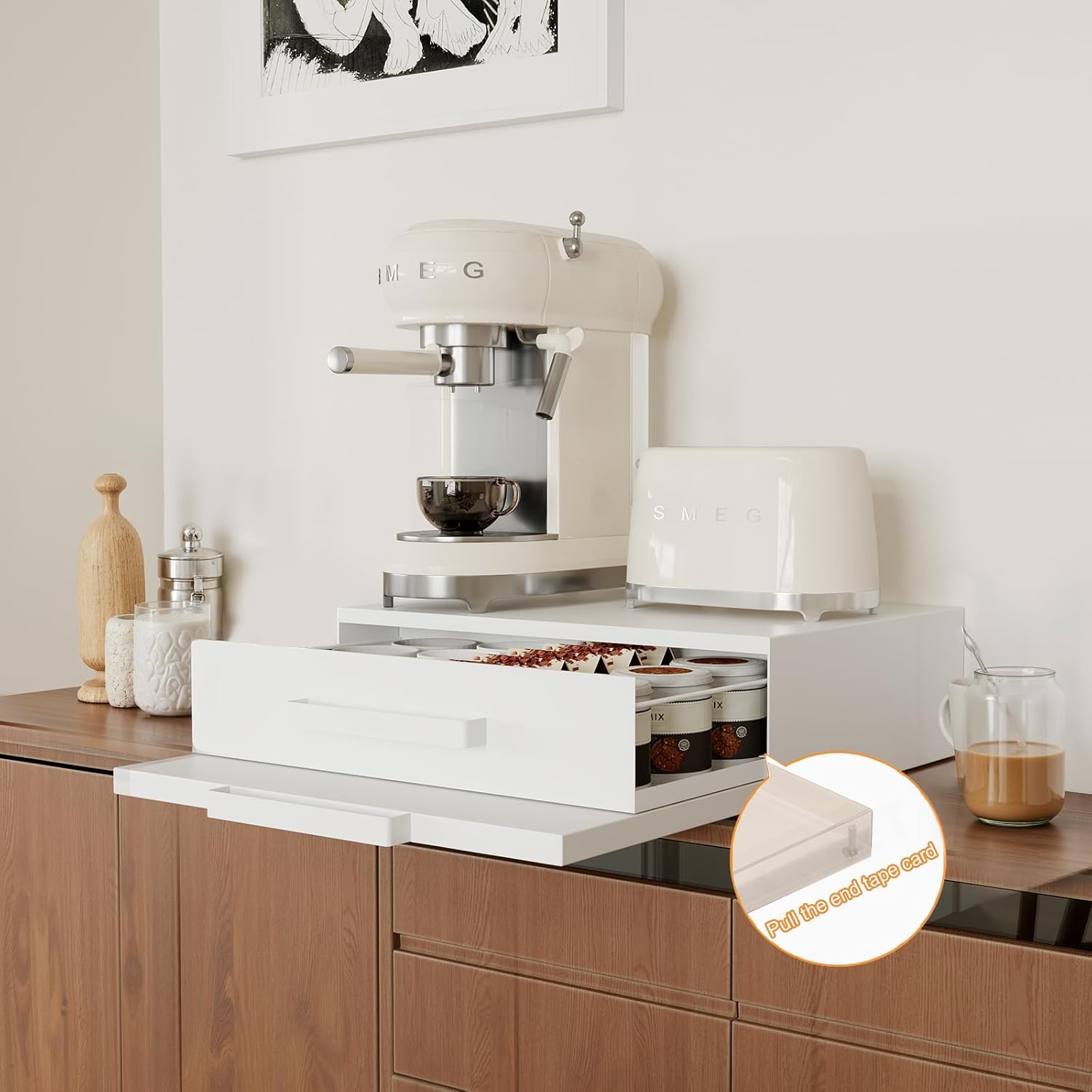 Steel Countertop Oranizer Appliance Stand with Pull-Out Drawer&Shelve,Withe | Modern Space-Saving Design for Microwave,Coffee Maker,Toaster,Heavy-Duty 100lbs Capacity