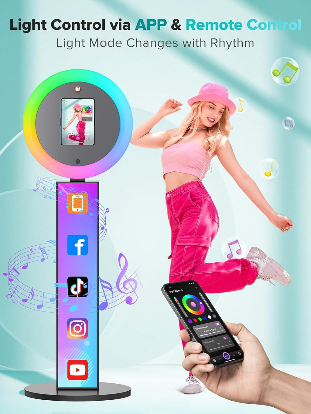 Portable Photo Booth Stand, 22' RGB Light, Open Air Booth for Events | Music Sync Ring, APP AI Face Detection, External Printer Support, Fits 7.9'-13' Tablets, Flight Case