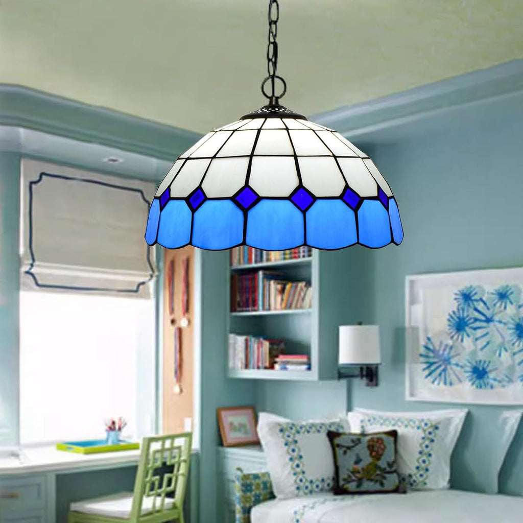 Tiffany Lamp Shade 12 Inch Wide Accessories Replacement Only Blue Green Yellow Stained Glass Lampshades Minimalistic Mediterranean Light Cover for Table Lamp Pendant Light Ceiling Fixture,Blue