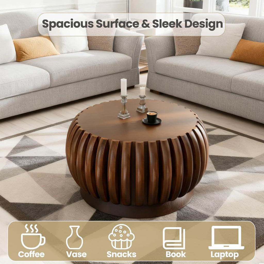 Modern Wood Fluted Round Coffee Table - Handcraft Drum Coffee Tables with Sturdy Base, Contemporary Style Small Circle Coffee Table Tea Table for Living Room,Office - Easy Assembly (Walnut 26.37')