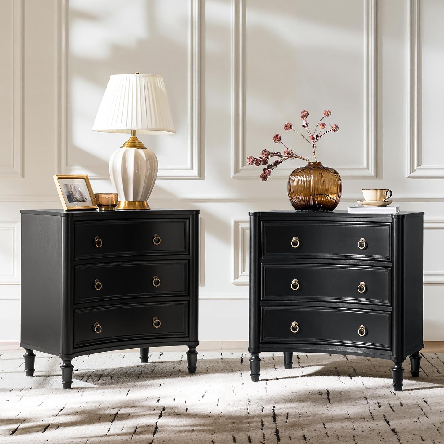 HULALA HOME 3 Drawer End Tables Set of 2 with Charging Station, 26' Wide Endtables with Solid Wood Legs and Curved Profile, Classic Side Tables for Living Room, Black