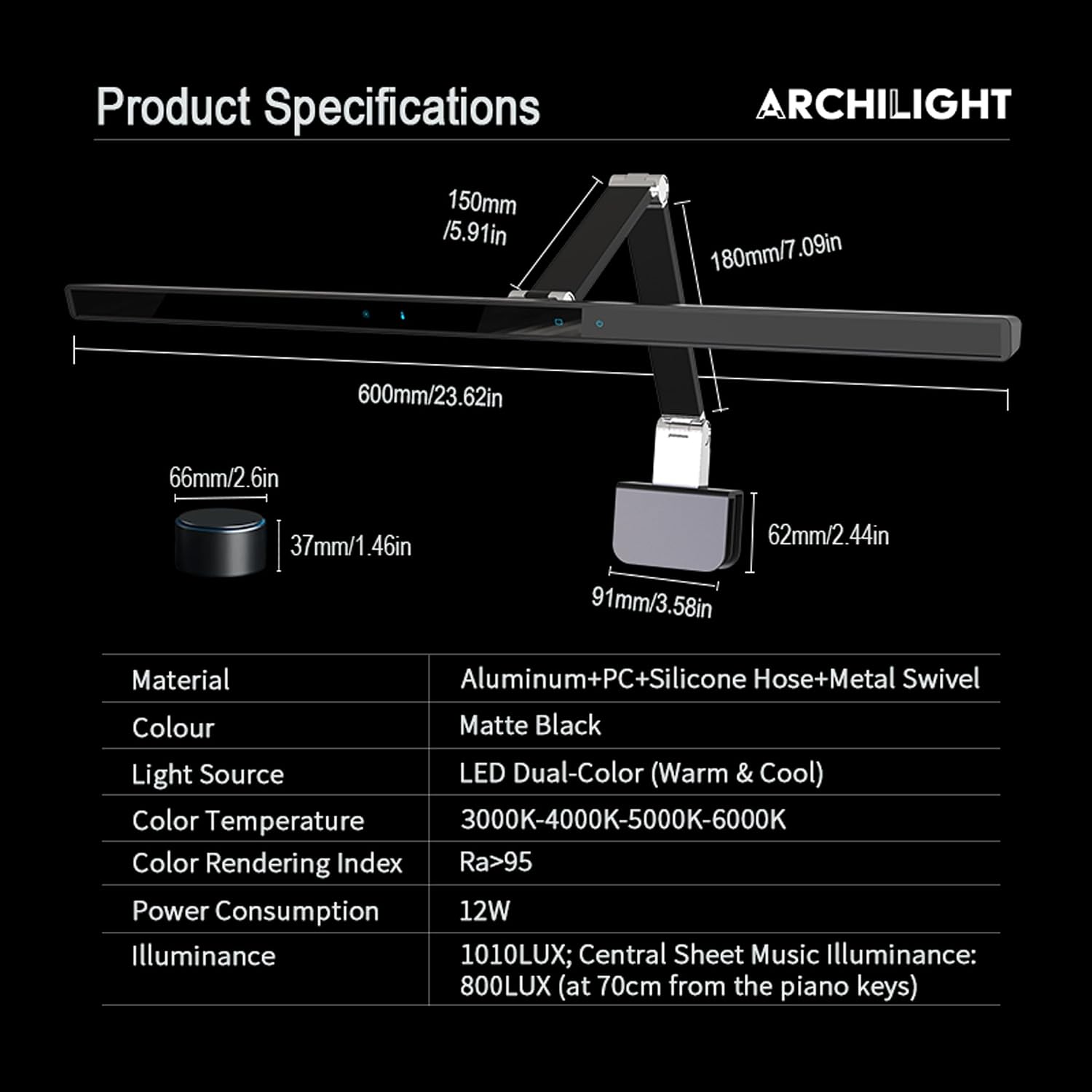 Stella-Pro Piano Light Double Arm Clip On: Professional Design, Asymmetric, Anti-Glare Lighting, Light Sensor, 3000K~6500K CCT Adjustable, Dimmable + Remote Control, 12W LED Eye Protection