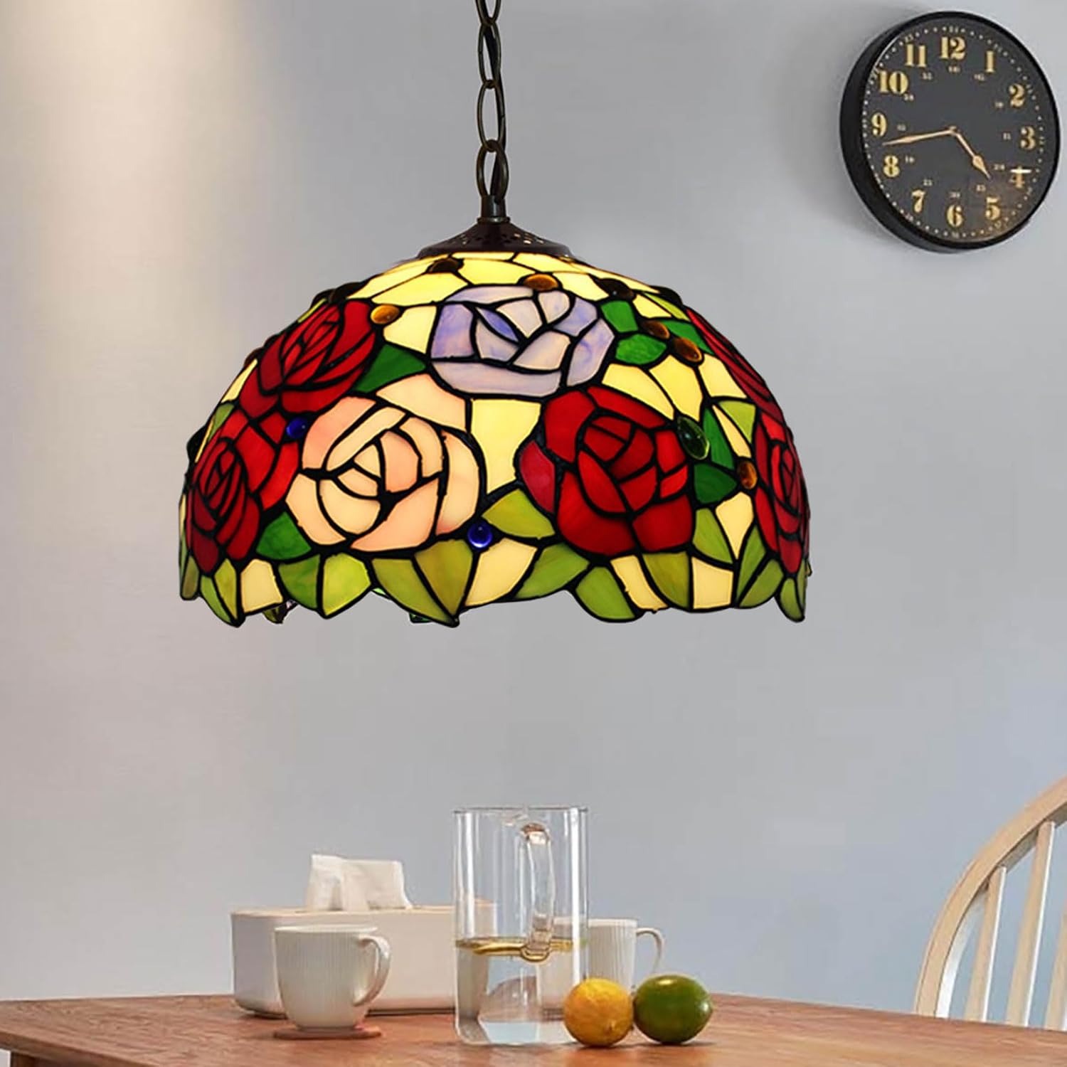 Tiffany Stained Glass Single Lampshade 12 Inch Colored Rose Table Lamp Shade Pendant Hanging Light Fixture Ceiling Lamp Replacement Shade Red Orange Blue Pink Flower Green Leaves,B1