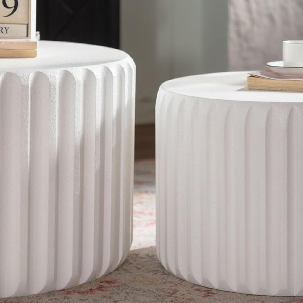WILLIAMSPACE 46.46' Round Nesting Coffee Table Set of 2, Modern Circle Drum Center Tables Curved-Edge Shape Tea Table for Living Room, No Assembly (White)
